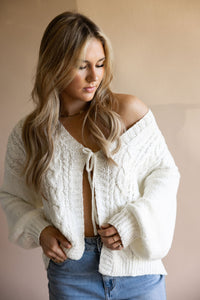 Ivory Front Tie Cable Cardigan