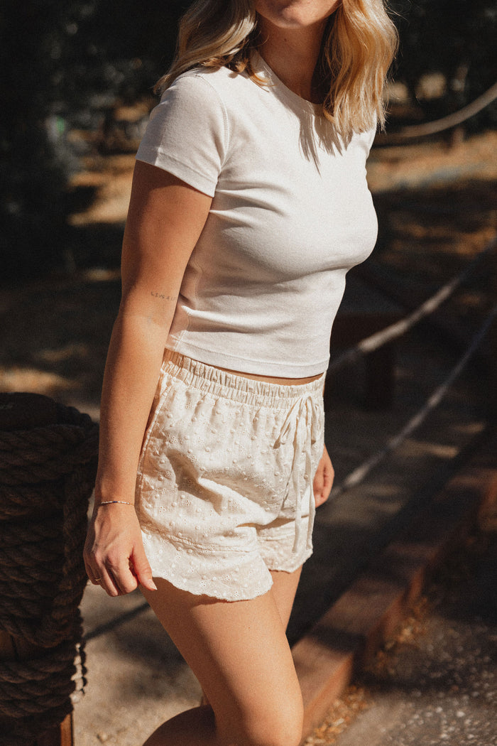 Ivory Eyelet Ruffle Hem Shorts