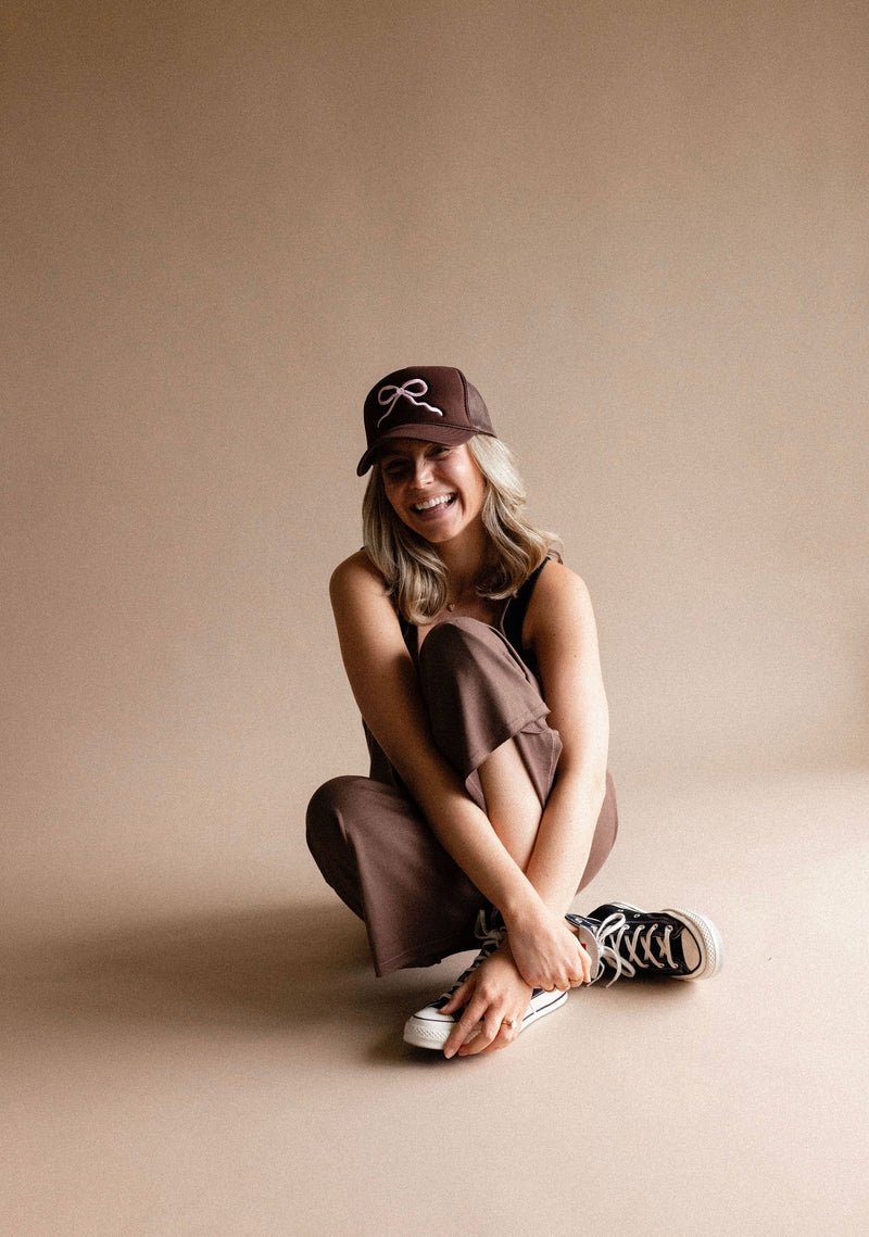Pink Bow Trucker Hat Brown