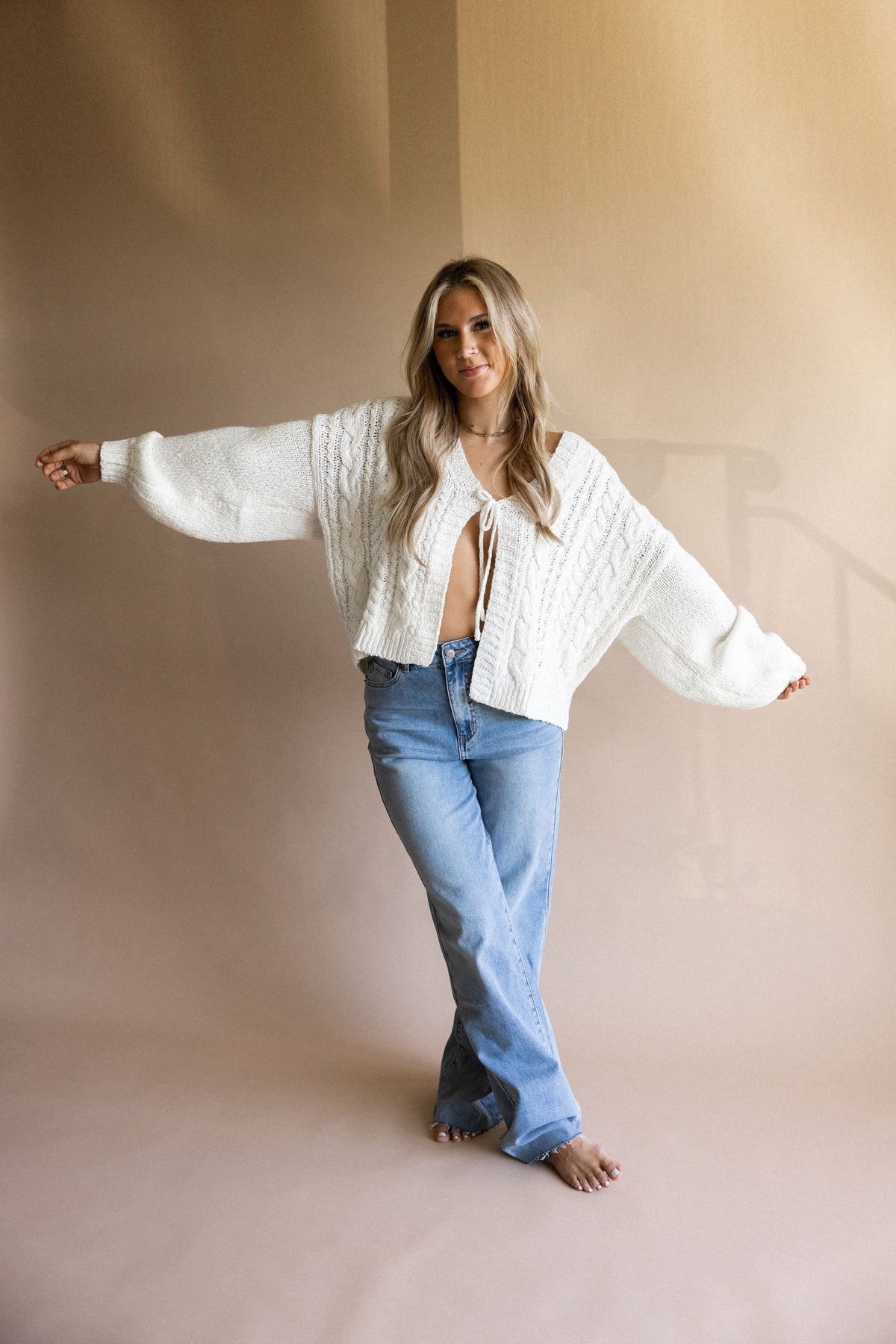 Ivory Front Tie Cable Cardigan