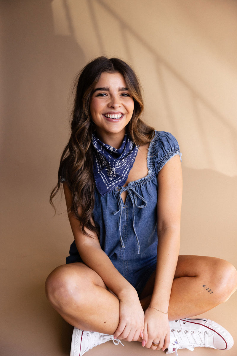 Medium Wash Denim Front Tie Romper