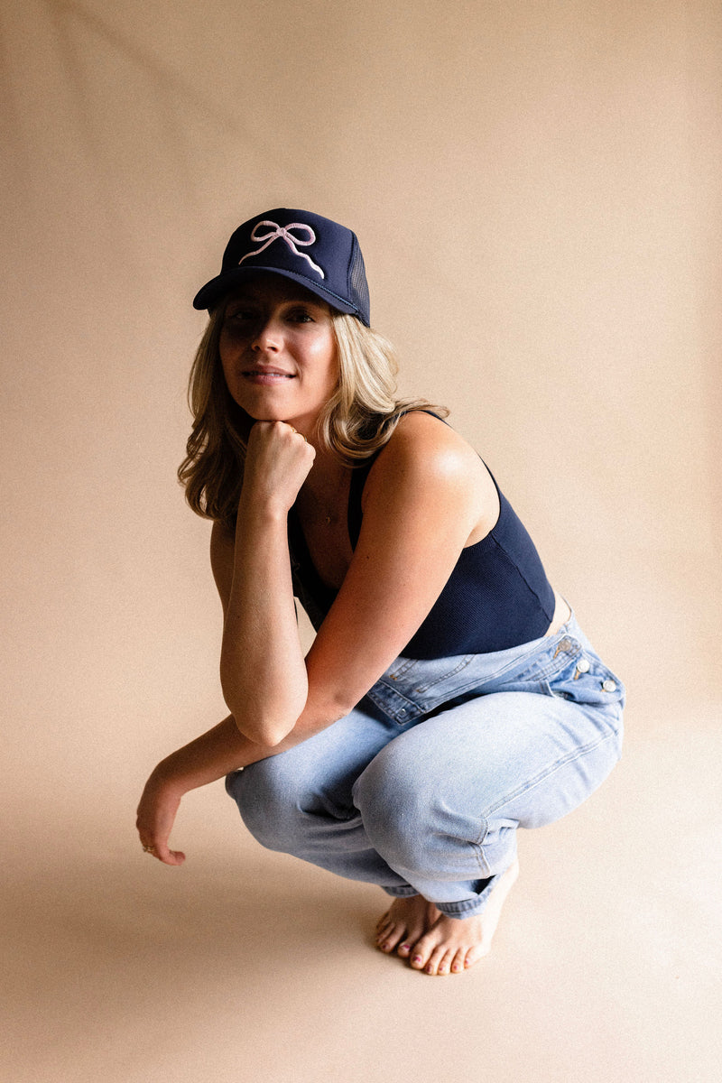 Pink Bow Trucker Hat Navy