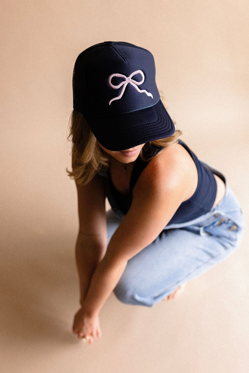 Pink Bow Trucker Hat Navy