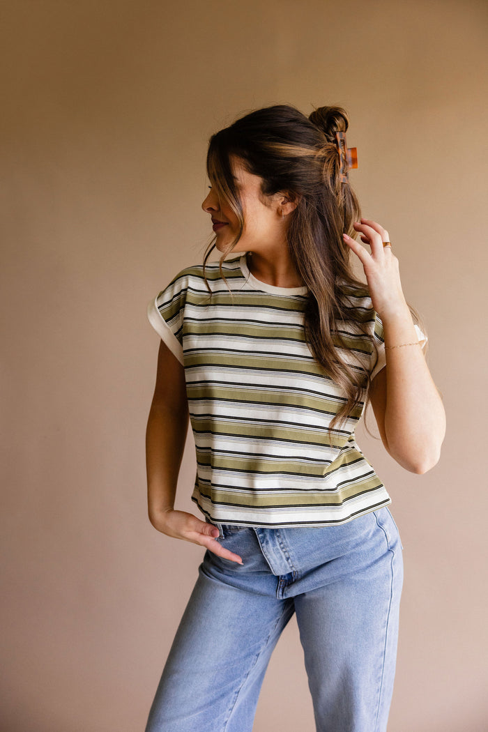 Olive Multi Stripe Boyfriend Tee
