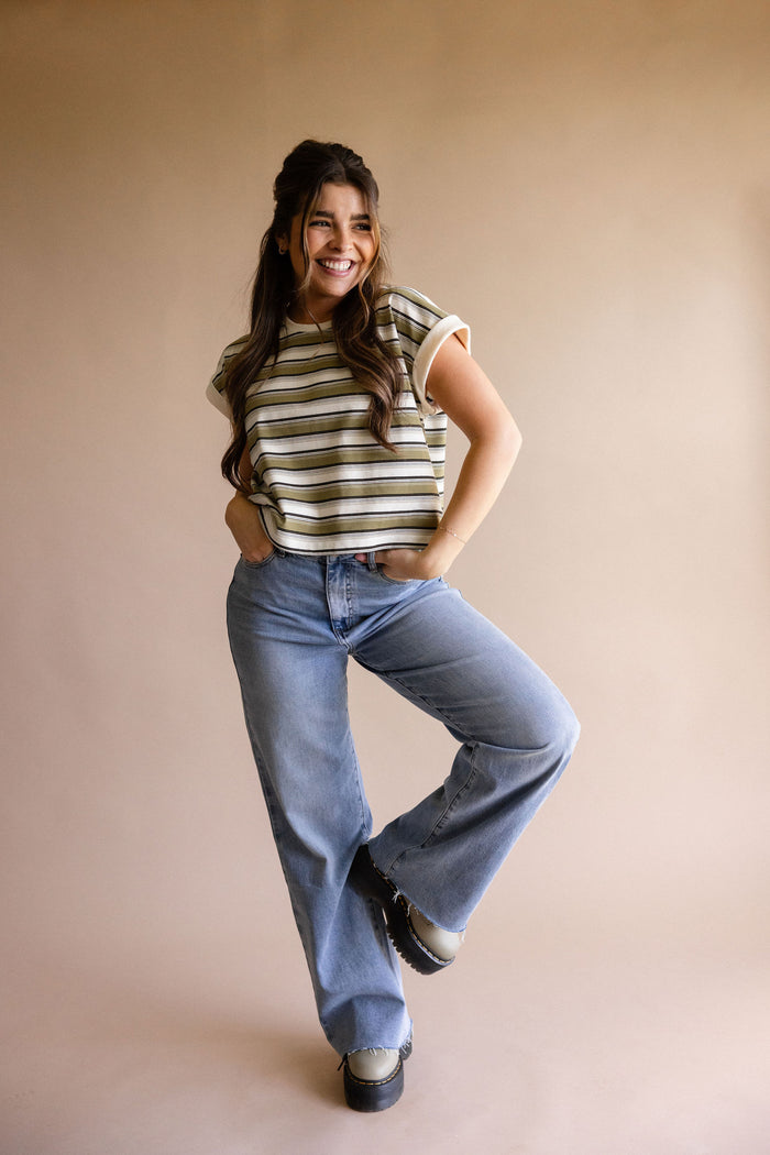 Olive Multi Stripe Boyfriend Tee