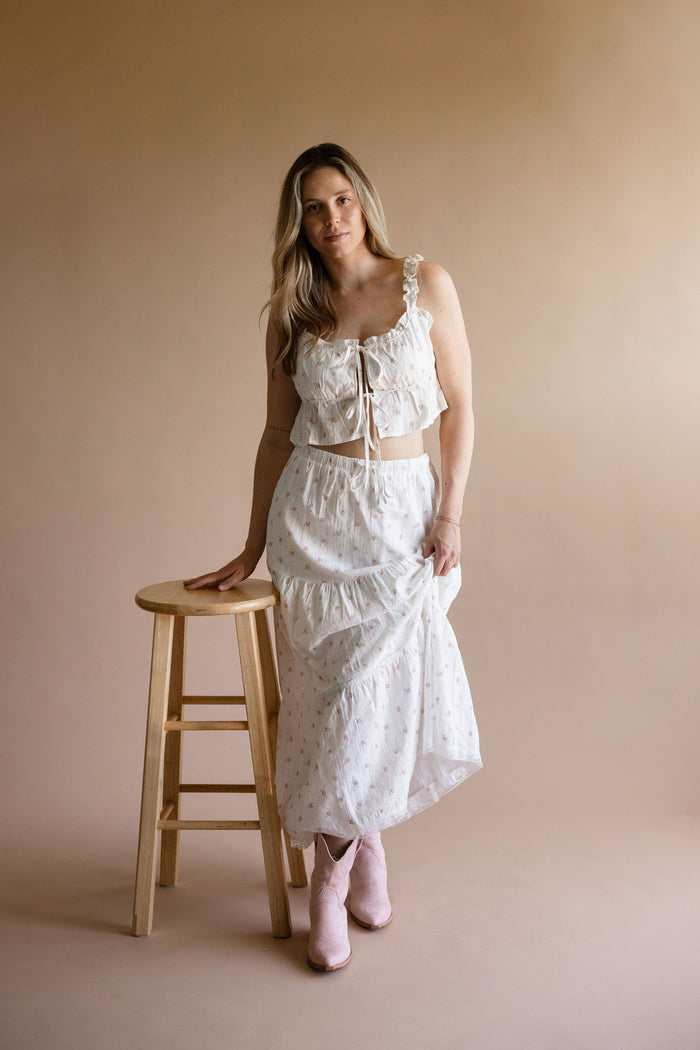 White Floral Cottagecore Maxi Skirt