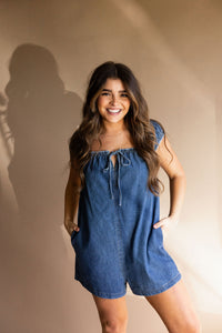 Medium Wash Denim Front Tie Romper