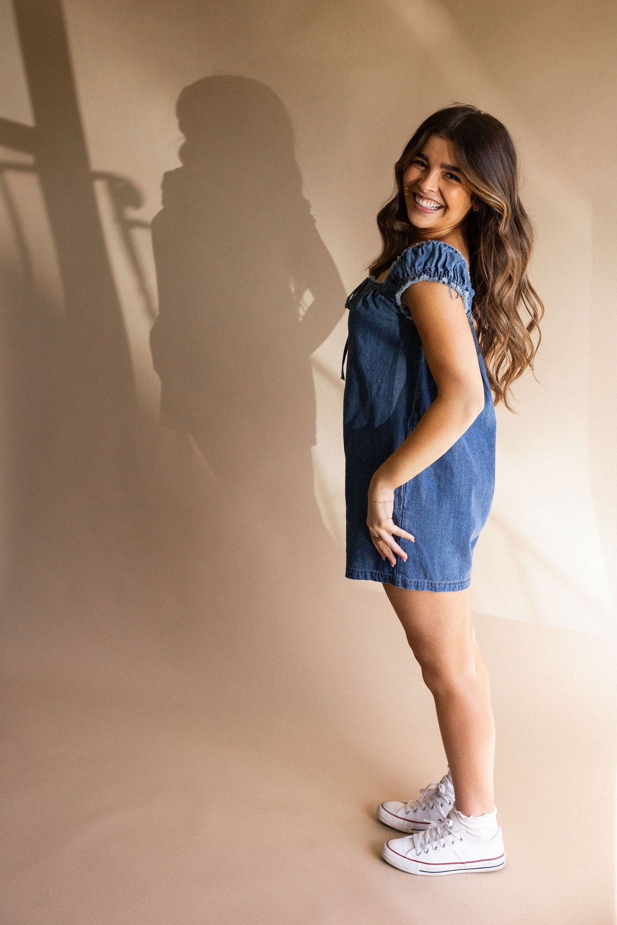 Medium Wash Denim Front Tie Romper