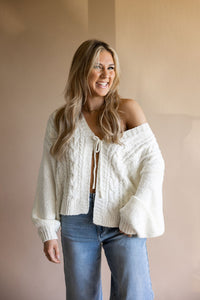 Ivory Front Tie Cable Cardigan