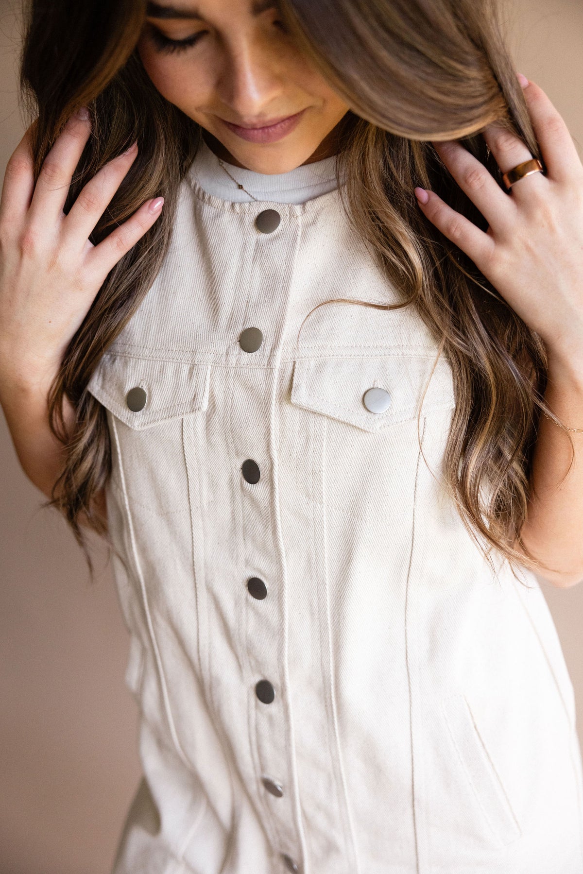 Cream Sleeveless Denim Dress
