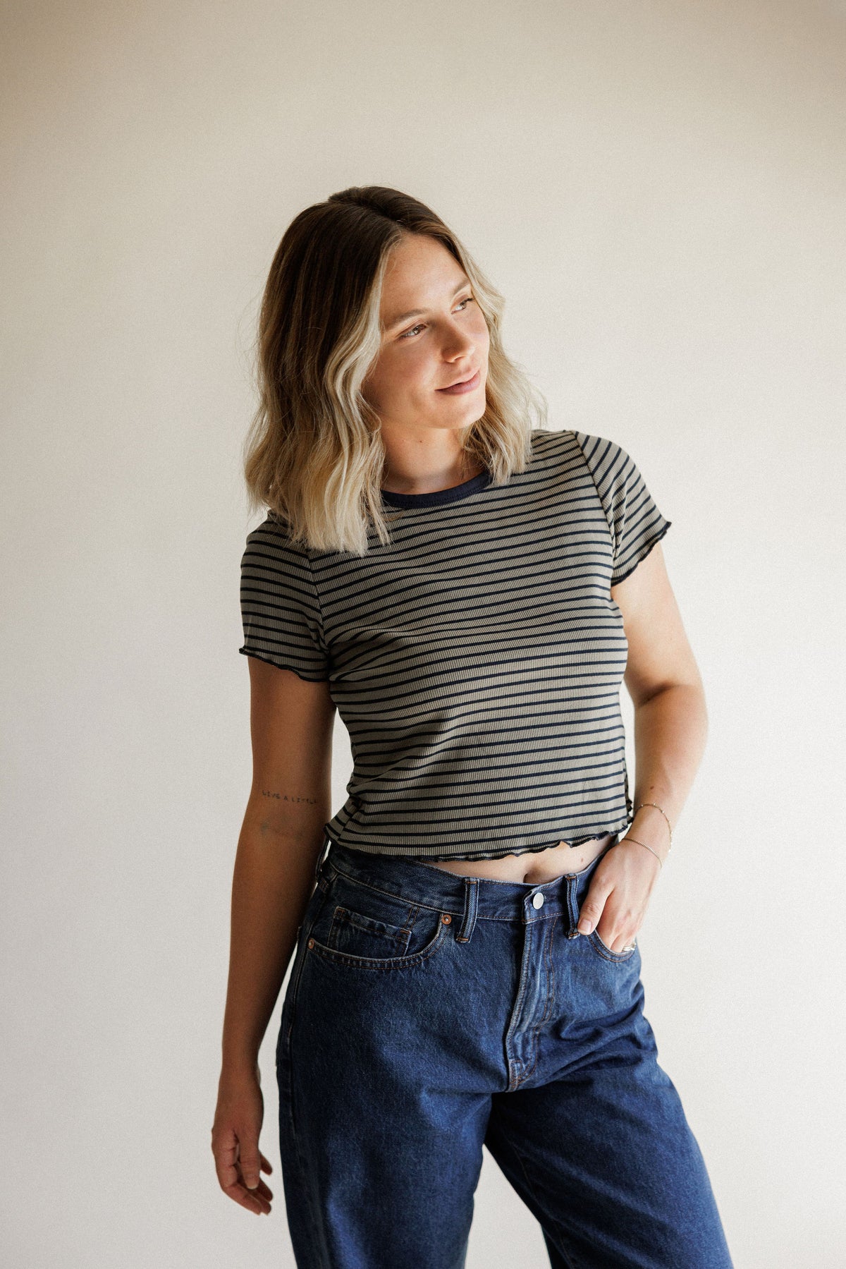 Olive + Navy Stripe Baby Tee
