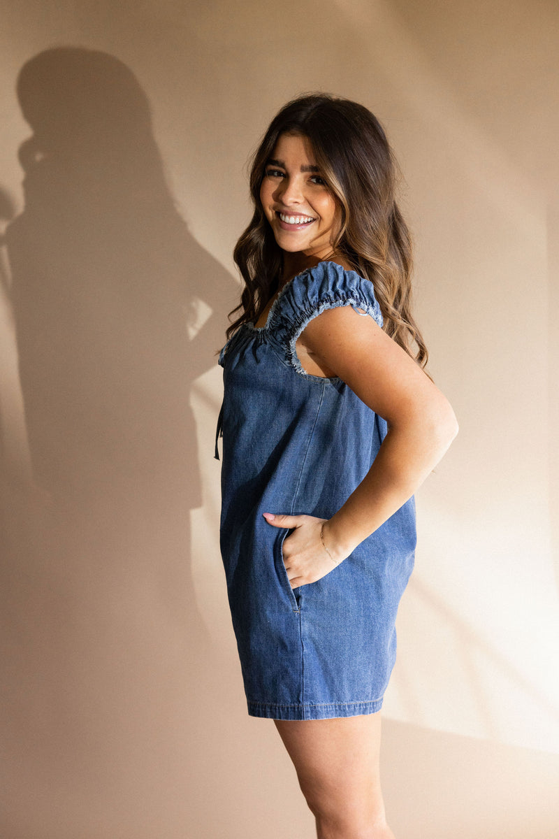 Medium Wash Denim Front Tie Romper