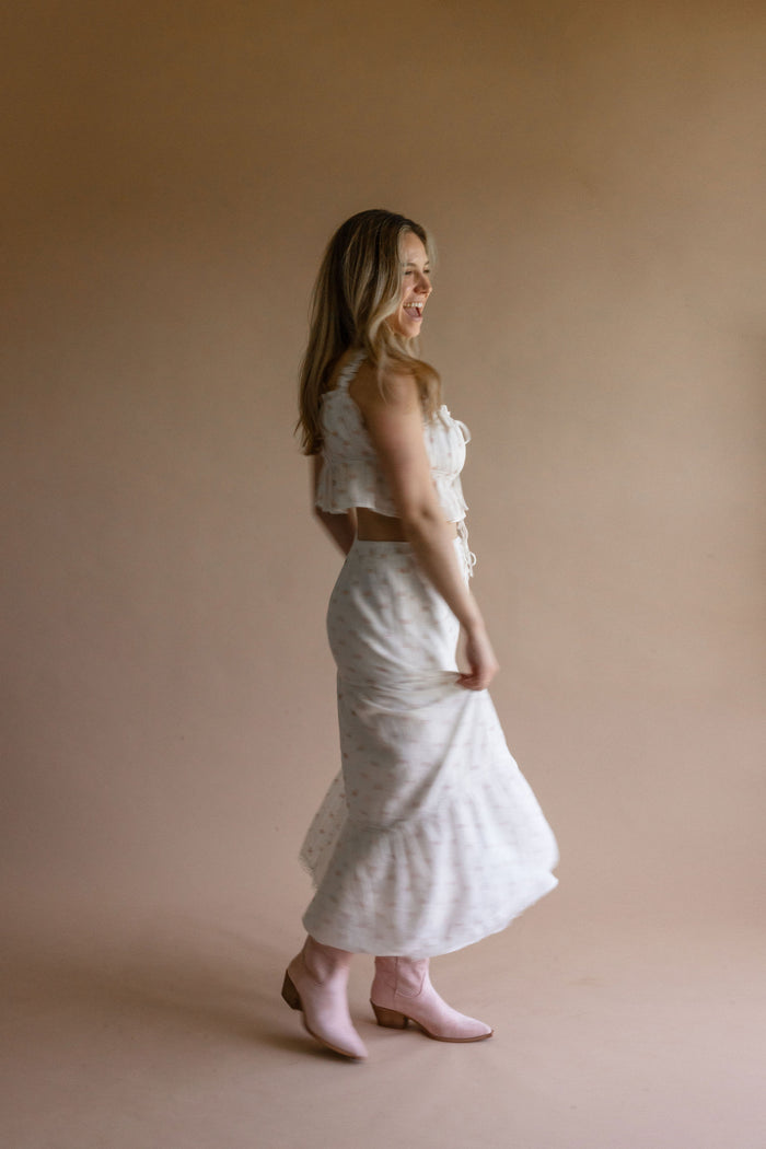 White Floral Cottagecore Maxi Skirt