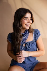 Medium Wash Denim Front Tie Romper