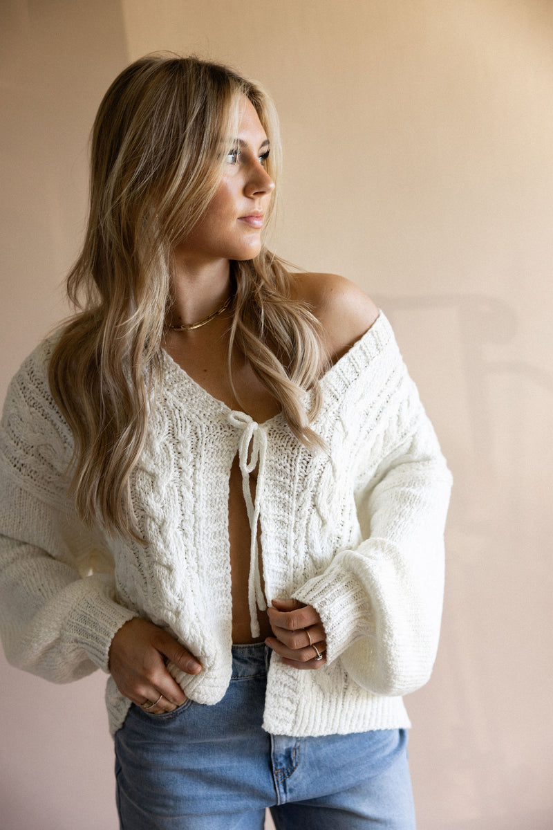 Ivory Front Tie Cable Cardigan